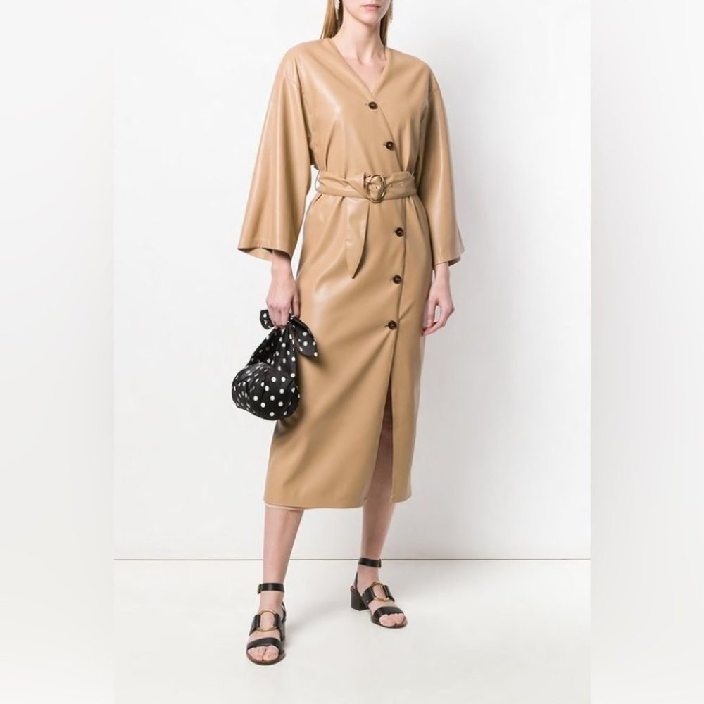 Nanushka Iben Vegan Leather Kimono Dress Pale Caramel L - Picture 5 of 11